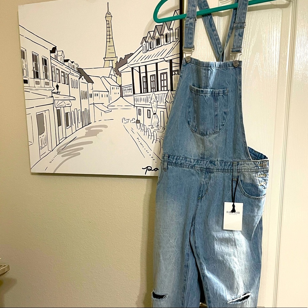Denim overalls NWT - fashion ripped knees, cross cross back strap